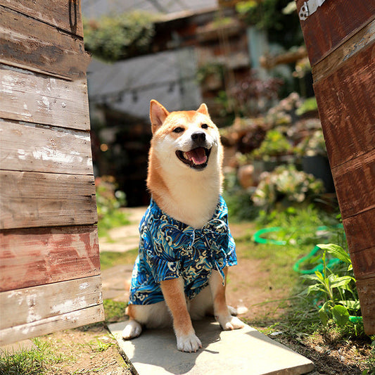 KFX-6458685 Cotton Shiba Inu Pet Kimono in Blue and Black - Stylish, Comfortable Casual Wear for Dogs