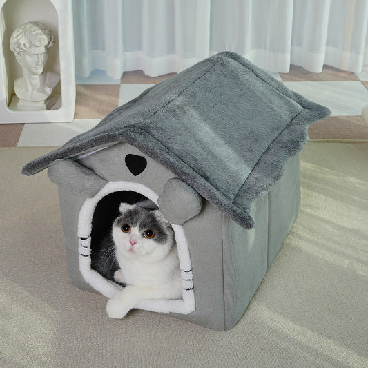 KFX-6487357 Universal Four Seasons Removable Washable Pet Bed - Cute House Type Cathouse Doghouse in Orange and Gray Sizes