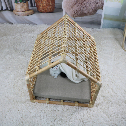 KFX-6492733 Cozy Rattan Cat and Small Dog Cave with Cotton Pad - 50cm Width