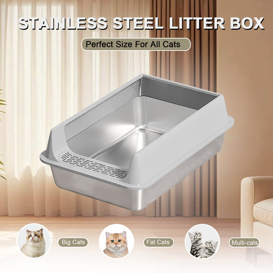 KFX-6494525 Oversized Stainless Steel Litter Box with Removable Lid - Semi-Enclosed, Splash-Proof, and Leak-Proof Design for Large Cats