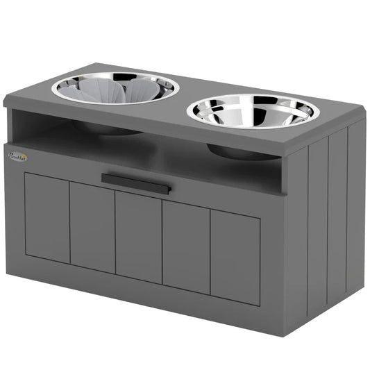 KFX-6500285 Elevated Dog Bowl Stand with 2 Stainless Steel Bowls, Storage Drawer and Slow Feeder Mat for Large Breeds