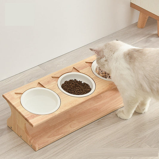 KFX-6504765 Wooden Cat Bowl Set with Ceramic Dish and Installation Tools - Bamboo or Oak Options
