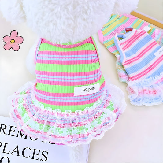 KFX-6523453 Lace Decorative Stripes Princess Dress for Dogs and Cats in Pink, Blue, and Emerald Green