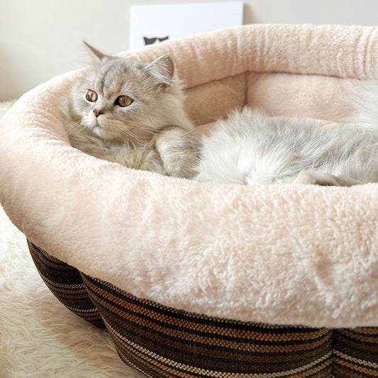 KFX-6543165 Indoor Semi-closed Cat Bed - Striped Linen Cylinder for Comfort & Improved Sleeping