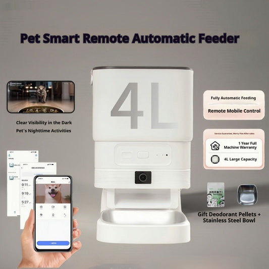 KFX-6552637 Smart Pet Feeder with Video and Night Vision, Stainless Steel Bowl, Ideal for Cats and Dogs