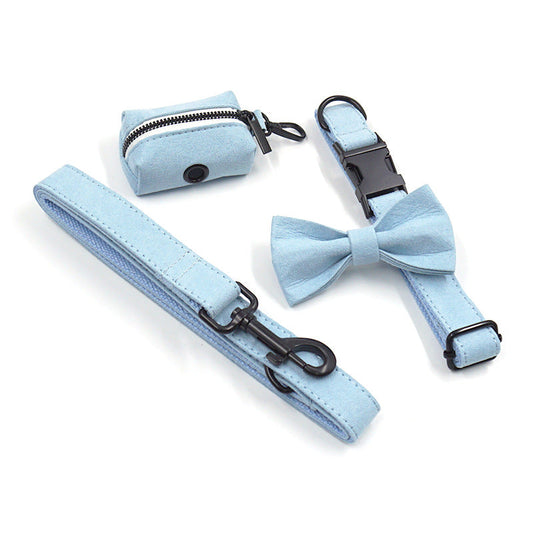 KFX-6564157 Light Blue Velvet Pet Collar Set with Black Buckle, Leash, Bow, and Poop Bag