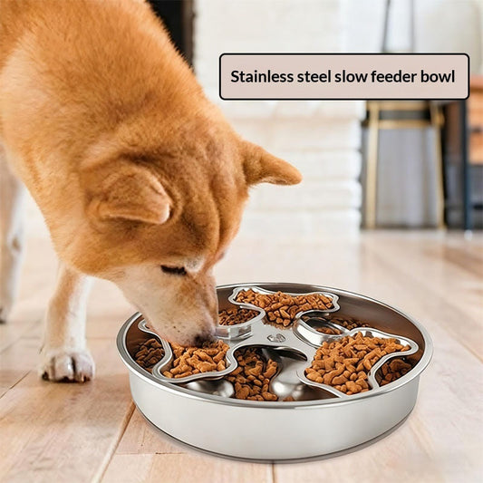 KFX-6566333 Stainless Steel Rotating Slow-Feeding Pet Bowl with Bone Design, 304 Material