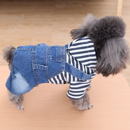 KFX-6568509 Teddy Bear Pet Stripe Denim Suspenders Pants for Spring and Summer