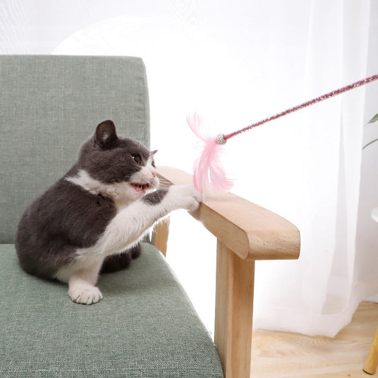 KFX-6570941 Cat Wand Play Set with Feathers and Bells - 3 Color Options Available