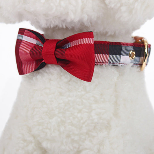 KFX-6577853 Stylish Leather Stitching Mesh Bow Pet Collar in Classic Khaki, Bordeaux Red & Rhine Blue