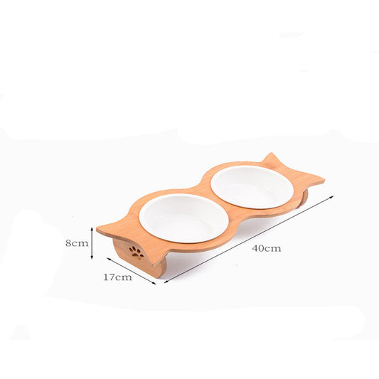 KFX-6593341 Bamboo Cat Bowl with Porcelain and Stainless Steel Inserts, Eco-Friendly Design
