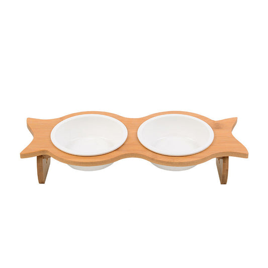 KFX-6593341 Bamboo Cat Bowl with Porcelain and Stainless Steel Inserts, Eco-Friendly Design