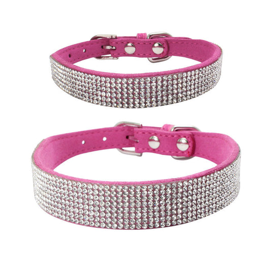KFX-6610621 Adjustable Suede Leather Dog Collar and Leash Set with Rhinestones - Available in Multiple Colors and Sizes
