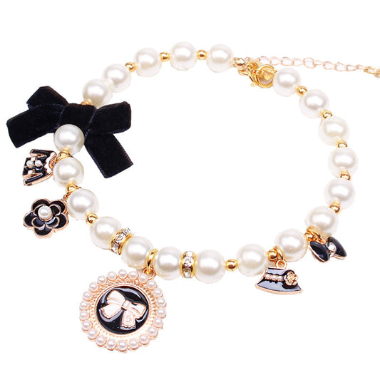 KFX-6649405 Lace Bow Dog Chain with Cat Bell in Pink and Blue Rhinestones