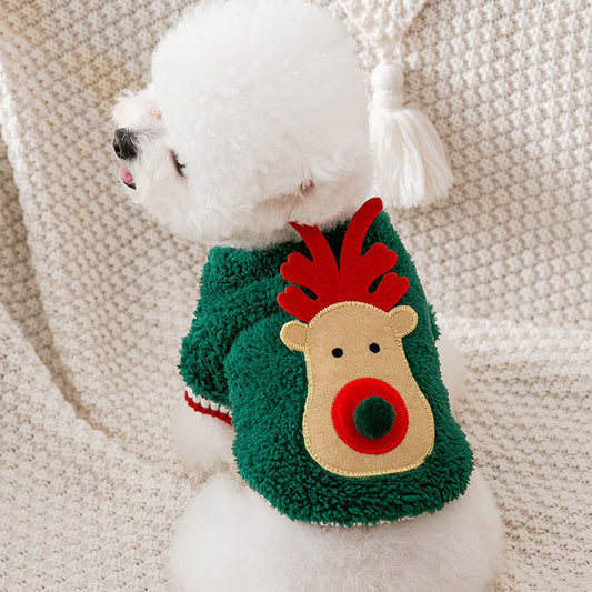KFX-6651581 Cozy Green and Red Christmas Reindeer Coat for Dogs in Various Sizes