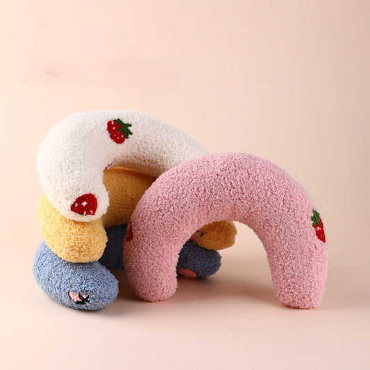 KFX-6653757 U-Shaped Cat Pillow for Cervical Support - Soft Polyester & PP Cotton, 24x20x7cm - Available in White, Pink, Blue, Yellow
