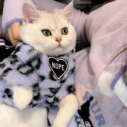 KFX-6684989 Thick Plush Cat Sweater for Winter - Available in White and Purple Leopard Print, Multiple Sizes
