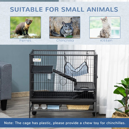 KFX-6689341 Multi-Tier Small Animal Cage with Rolling Wheels and Storage Shelf for Ferrets, Chinchillas, and Other Pets