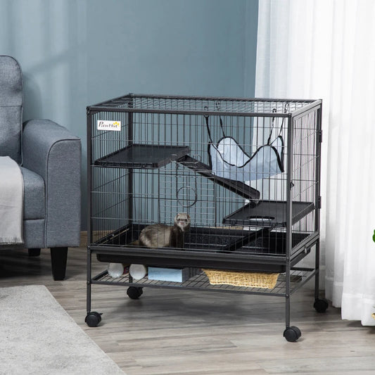 KFX-6689341 Multi-Tier Small Animal Cage with Rolling Wheels and Storage Shelf for Ferrets, Chinchillas, and Other Pets