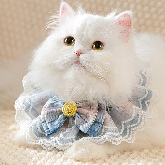 KFX-6700861 Plaid Big Bow Lace Edge Cat Bib Scarf - Pink, Blue, Green, Red, XS-XL