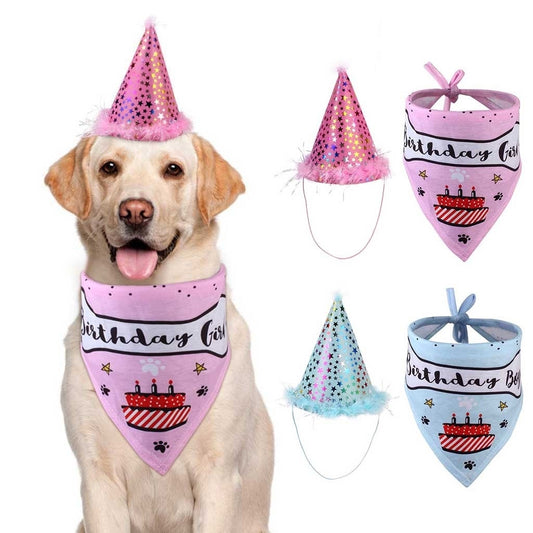 KFX-6707517 Pet Birthday Hat and Saliva Towel Set for Celebrating Your Furry Friend