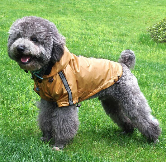 KFX-6716861 Waterproof Hooded Warm Pet Dog Raincoat in Yellow, Blue, and Red