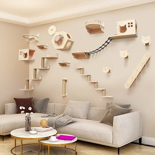 KFX-6721725 Wall-Mounted Solid Wood Cat Climbing Frame with Platforms, Ladders, and Accessories