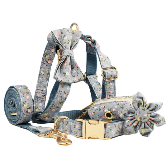 KFX-6733757 Blue Floral Dog Collar and Leash Set with Bow and Accessories for Pet Accessories