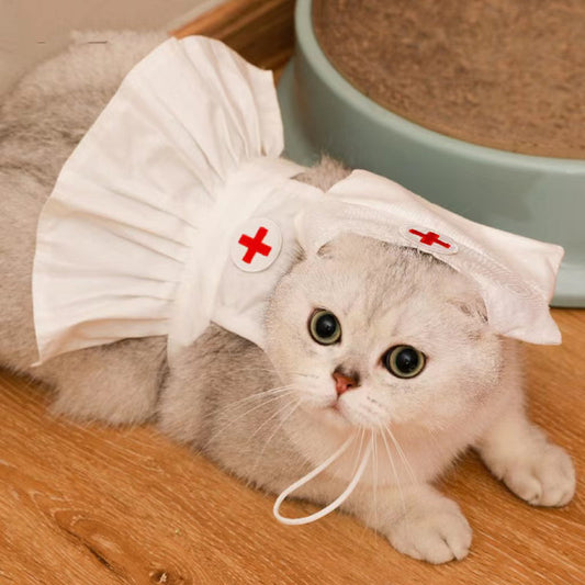 KFX-6752829 Stylish Personalized White Dress Set with Hat for Cats, Available in S and M Sizes