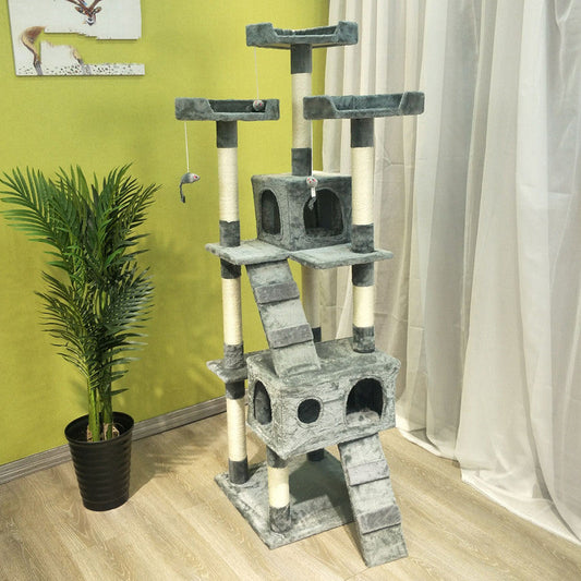 KFX-6754493 Multi-Layer Cat Climbing Frame with Plush Cover, Cardboard Tube & Jute Rope for Claw Grinding and Play