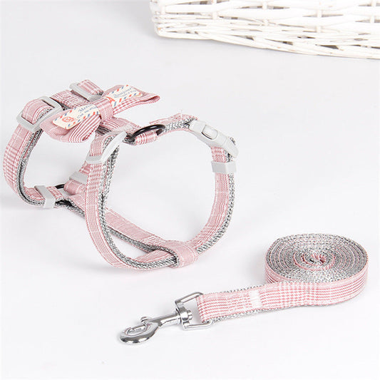 KFX-6755005 Fashion Simple Lattice Bow Pet Leash in Pink, Light Green, Light Gray, and Dark Gray for Small to Medium Pets