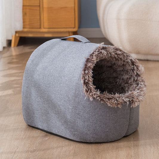KFX-6755261 Cozy Fleece-Lined Cat Sleeping Bag Nest - Portable in Gray and Brown, Sizes M & L