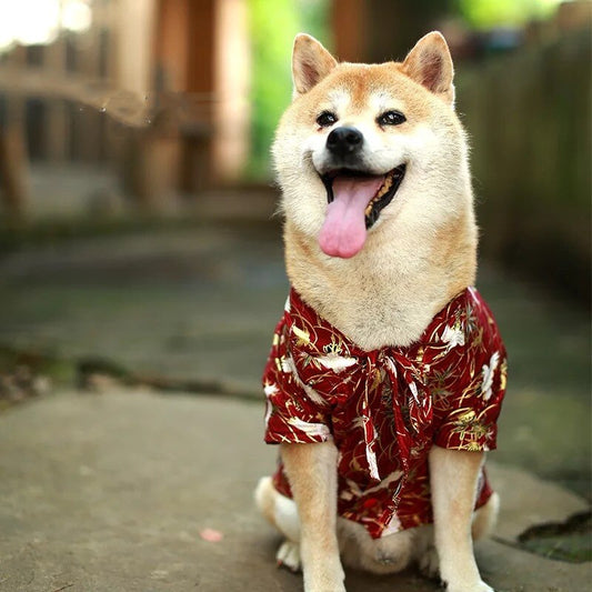 KFX-6770877 Japanese Style Dog Kimono Shirt for Pets - Comfortable Summer Fashion T-Shirt in Blue and Red