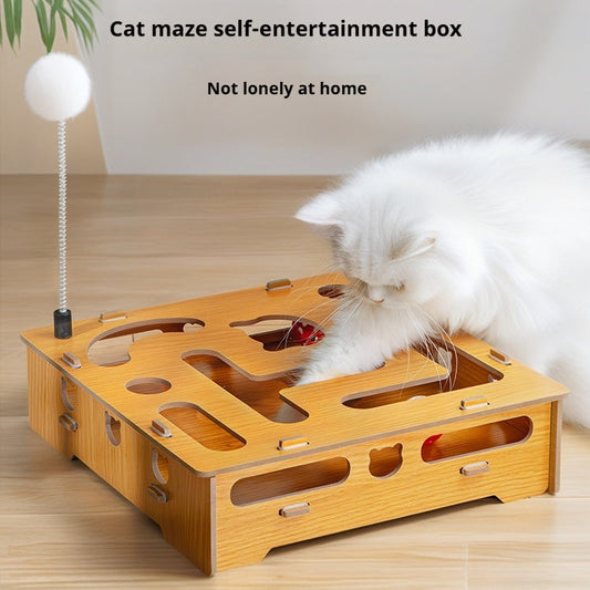 KFX-6778429 Interactive Wooden Cat Teasing Maze Box with Fun Stick and Bell Balls