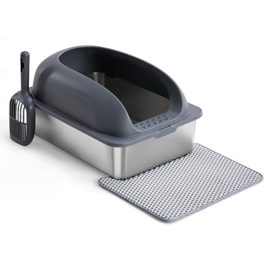 KFX-6789437 Large Stainless Steel Cat Litter Box with Lid, Non-Slip Base, Scoop and Mat Included