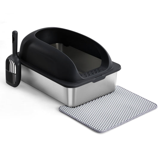 KFX-6789437 Large Stainless Steel Cat Litter Box with Lid, Non-Slip Base, Scoop and Mat Included