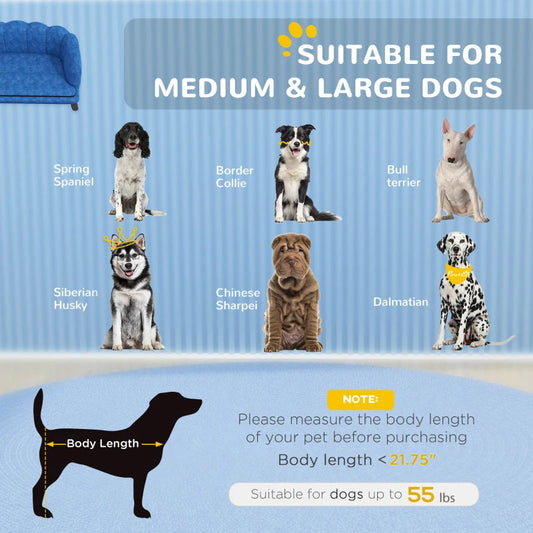 KFX-6795197 Elegant Dark Blue Pet Sofa Bed for Medium and Large Dogs with Removable Cushion and Solid Wood Legs