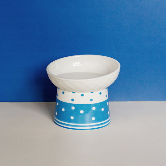 KFX-6870973 Tall Ceramic Polka Dot Cat Bowl Set - Blue and Pink Design, 2-Pack