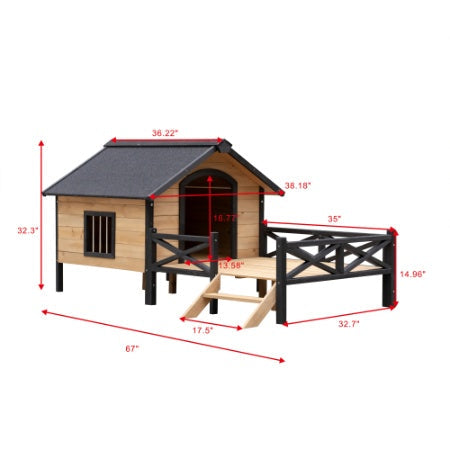 KFX-6885565 Outdoor Large Wooden Cabin Dog Kennel with Porch, Weatherproof Design and Easy Assembly