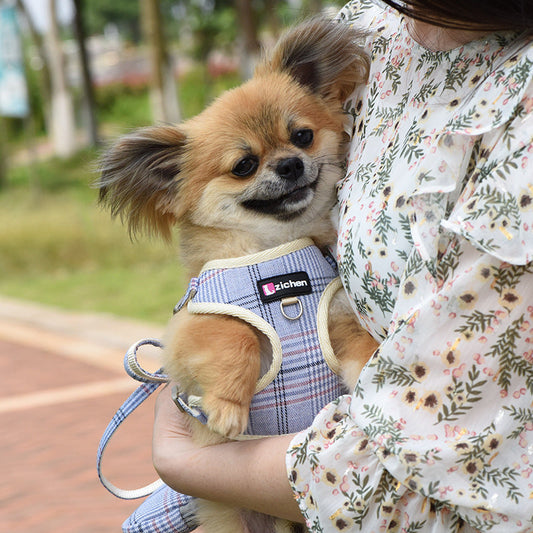 KFX-6918845 Sky Blue Checkered Chest Harness with Convenient Buckle Design for Pets