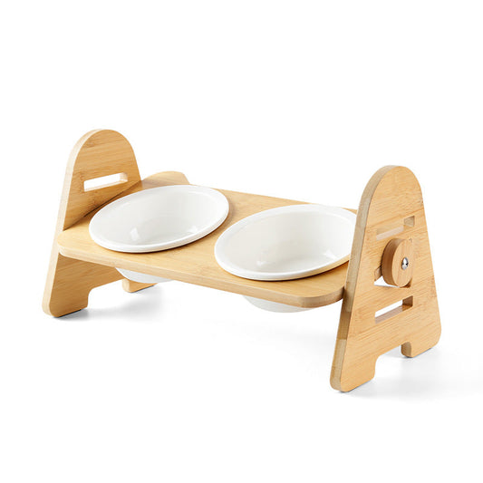 KFX-6930749 Ergonomic Wooden Cat Bowl with Ceramic Double Bowls for Comfortable Feeding