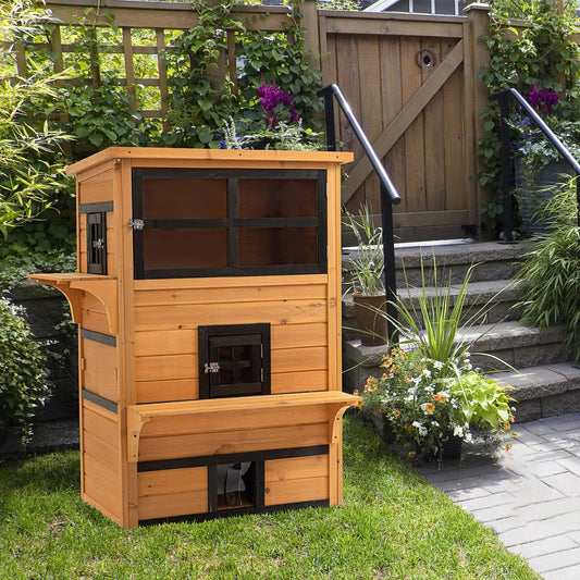 KFX-6936381 3-Tier Outdoor Cat House with Escape Doors, Weather-Resistant Fir Wood Shelter in Yellow and Black