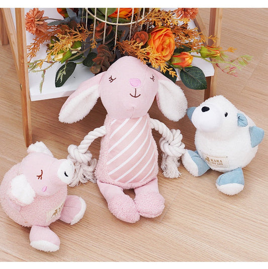 KFX-6958397 Plush Bite-Resistant Dog Toy - Pink Rabbit, Pig, Blue Bear - Soft Cloud Velvet & Cotton Fill