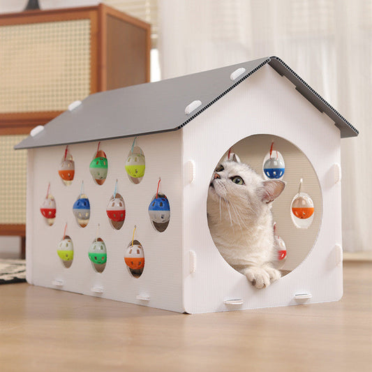 KFX-6974141 Cat Scratch Board with Integrated Nest and Toy Tunnel for Playful Cats