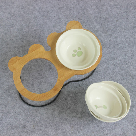 KFX-6986557 Slanted Pet Bowl with Bamboo Stand in Fish Bones and Paws Design