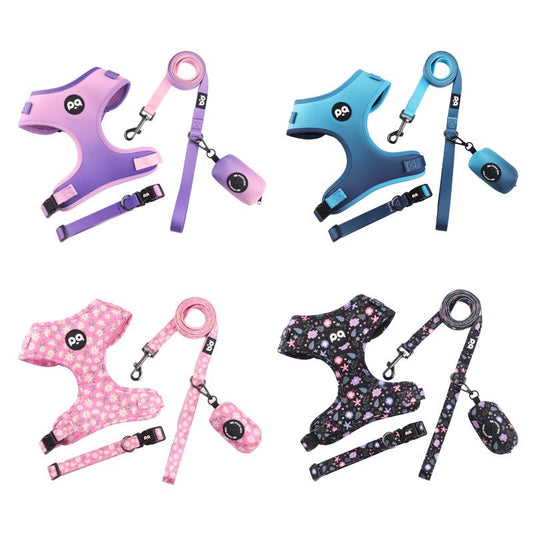 KFX-6995389 Adjustable Pet Harness and Leash Set in Pink Purple Gradient, Sapphire Blue Gradient, Flower Black, and Daisy Pink with Collar and Waste Bag
