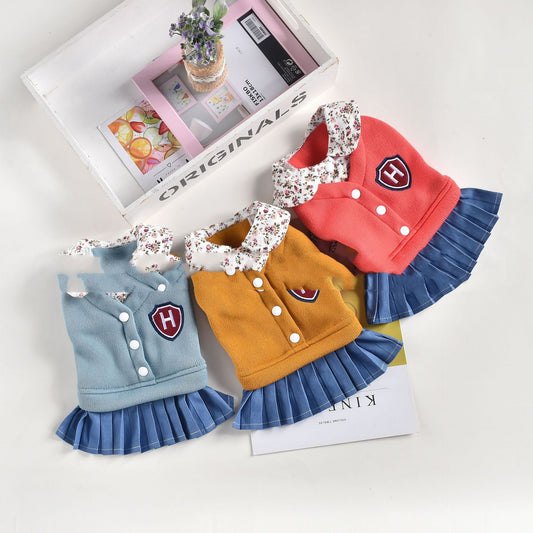 KFX-6996669 Pleated Skirt Dress for Pets in Blue, Red, Yellow – Arctic Velvet and Denim, Sizes XS-XXL