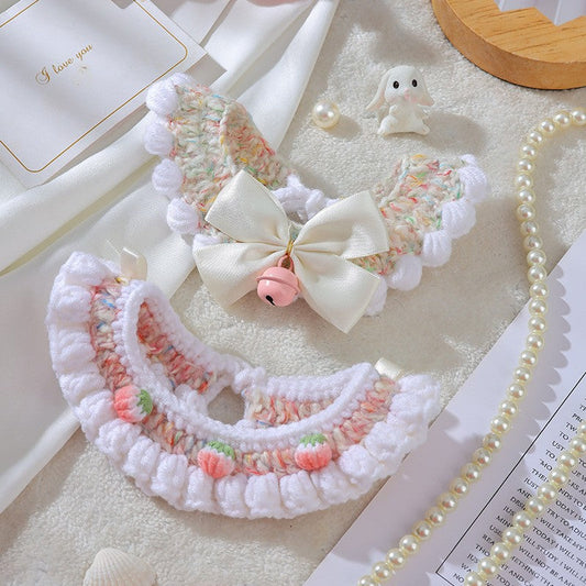 KFX-6997565 Handmade Wool Woven Collar for British Shorthair Kittens with Pink Bell Bow and Lace Accents
