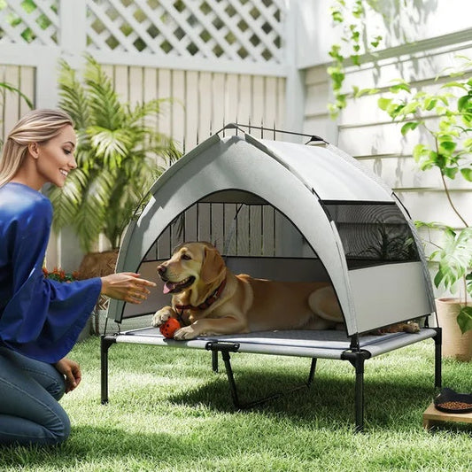 KFX-7006653 Elevated Dog Bed with Removable Canopy and Cooling Pad for Outdoor Use