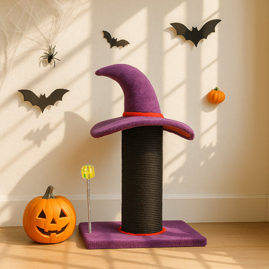 KFX-7018813 Wizard Hat Cat Scratching Post with Spring Ball Toy for Indoor Cats - Purple Halloween Design